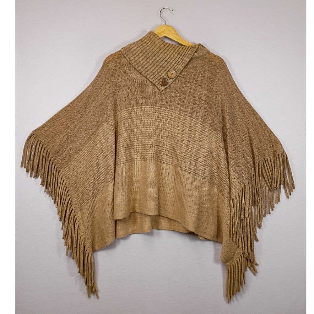 Boho Ana & Rose Women OS Tan Fringe Knit Cowl Neck Button Poncho Wrap